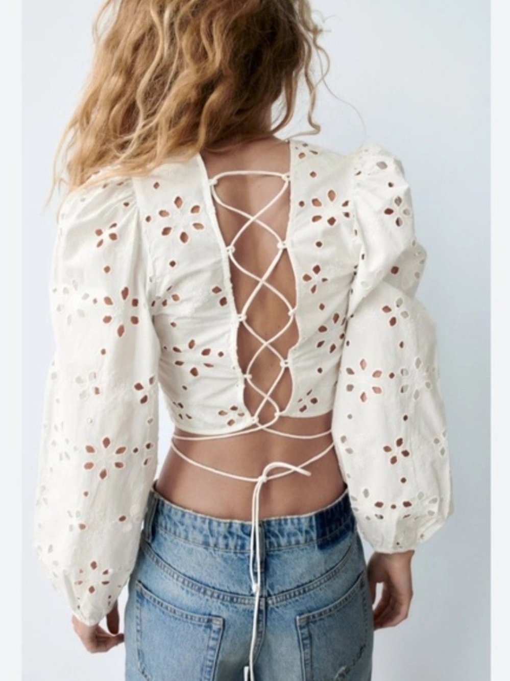 Zara White Eyelet Lace-Up Puff Sleeve Crop Top